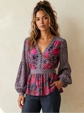 Anthropologie Edmé & Esyllte 100% Silk Mixed Print Boho Blouse - Size 0